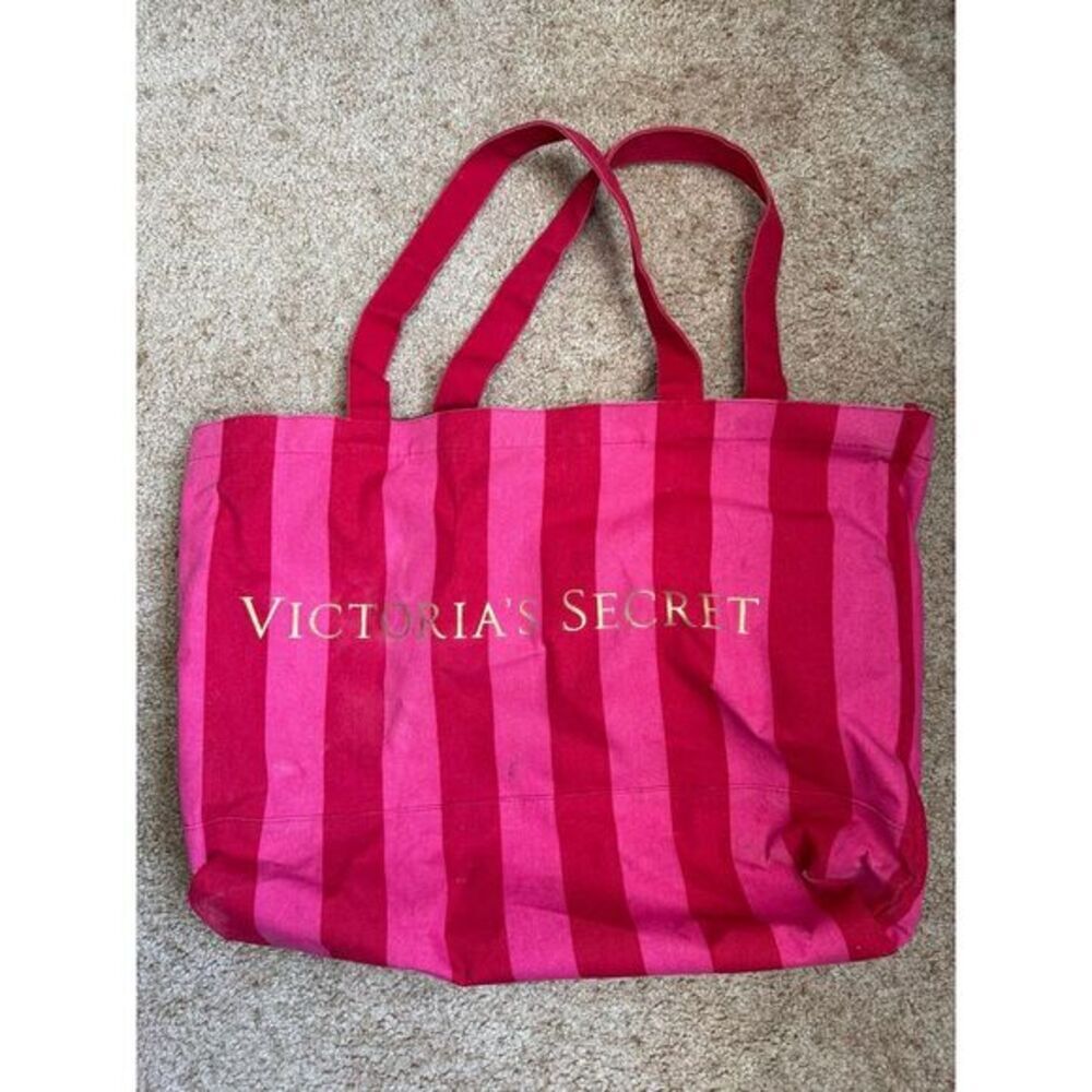 Victoria's Secret Iconic Pink Striped Canvas Tote Large‎ Shopping Beach Bag Y2K